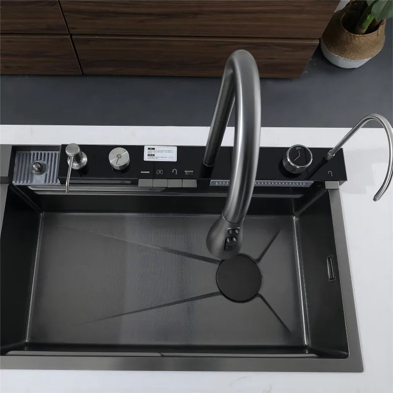 Cocina Integrated Waterfall Kitchen Sink Honeycomb Technology Large Digitial Display Stainless Steel Soap Dispenser Cup Washer